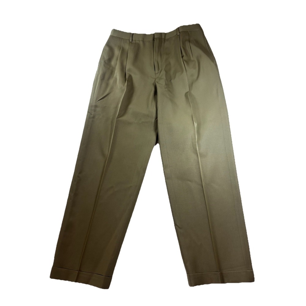 Lands End Mens 33x28 100% Wool Dress Pants Trousers‎ Slacks Taupe Pleated Cuffed